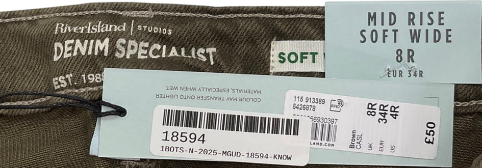 River Island Brown Mid Rise Soft Wide Leg Jeans UK 8