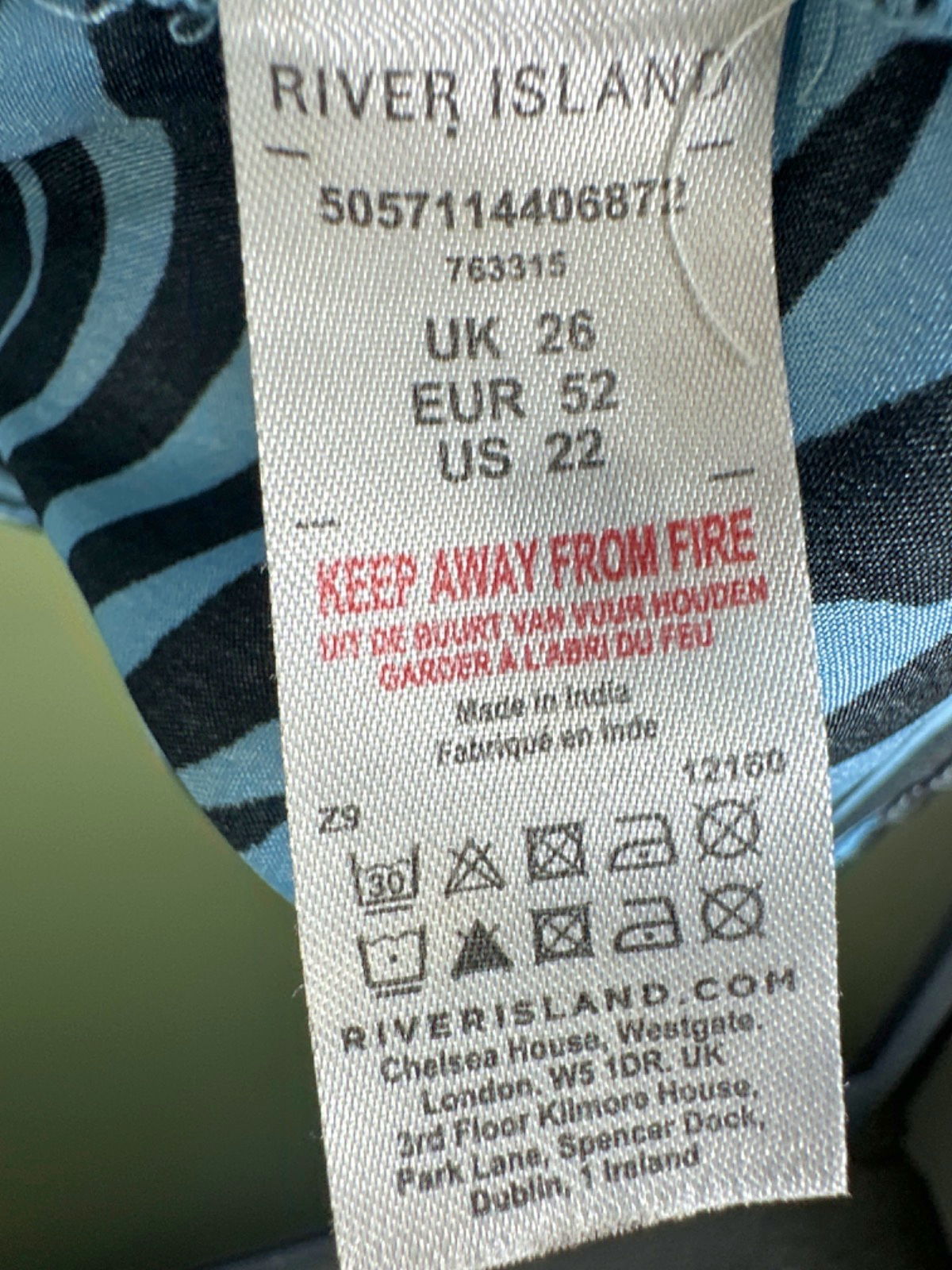 River Island Blue Zebra Print Button Up Shirt UK 26