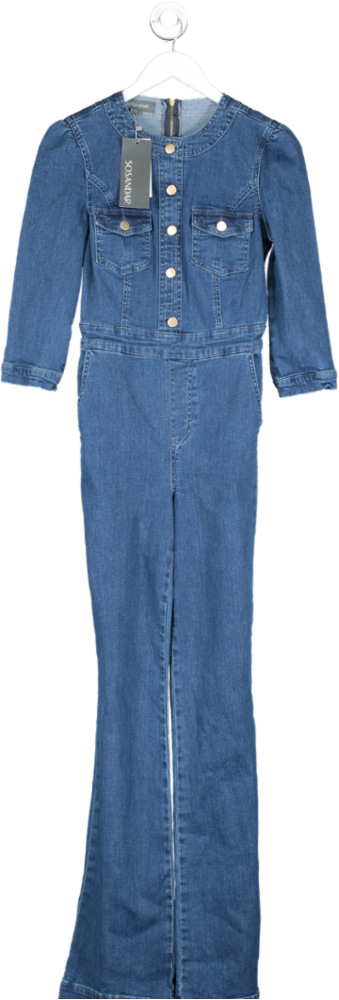 SOSANDAR Blue Long Leg Slim Flare Puff Sleeve Button Through Jumpsuit UK 6