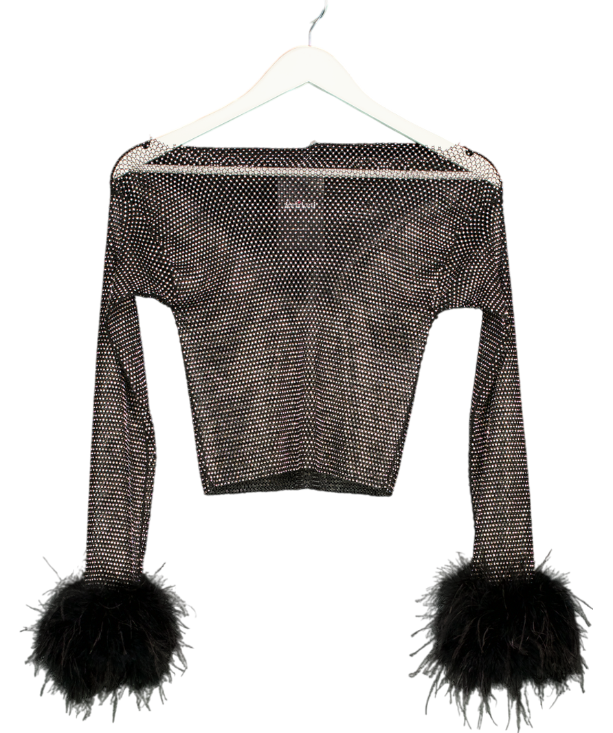 Black Dimante Sheer Feather Cuff Top UK XS/S