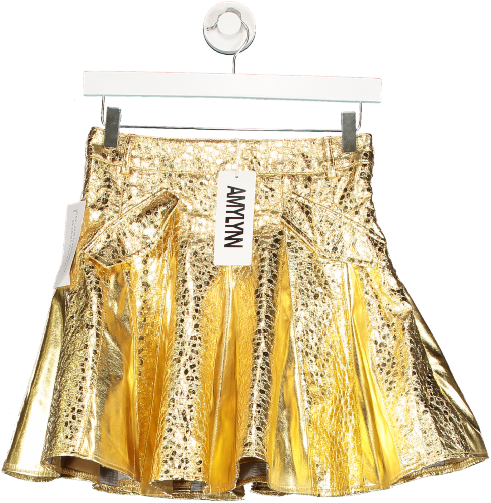 Amy Lynn London Phoebe Gold Metallic Pleated Mini Skirt UK XS