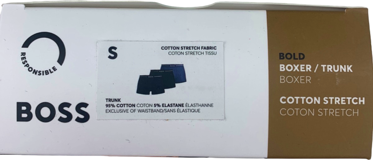 Hugo Boss Set of 3 Black/Blue/Navy Logo waistband Organic Cotton Trunk Boxer Shorts UK S
