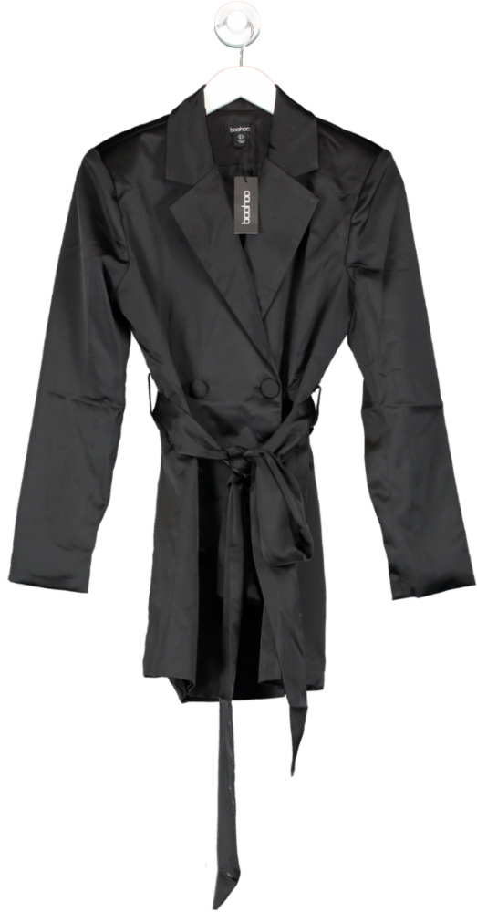 boohoo Black Matte Satin Obi Tie Waist Blazer Dress UK 6