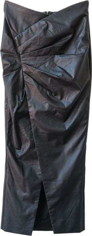 House of CB Black Vegan Leather Ruched Front Midi Skirt UK S