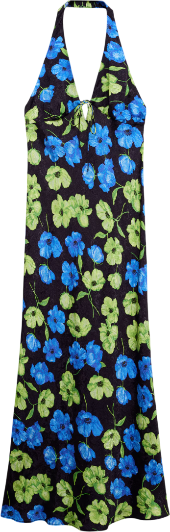 MANGO Blue Floral-print Halter-neck Dress UK L