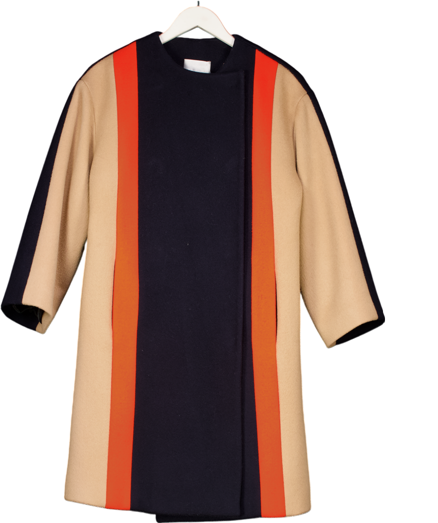 32 DICEMBRE Navy Blue Wool Blend Coat With Orange And Camel Details UK 6