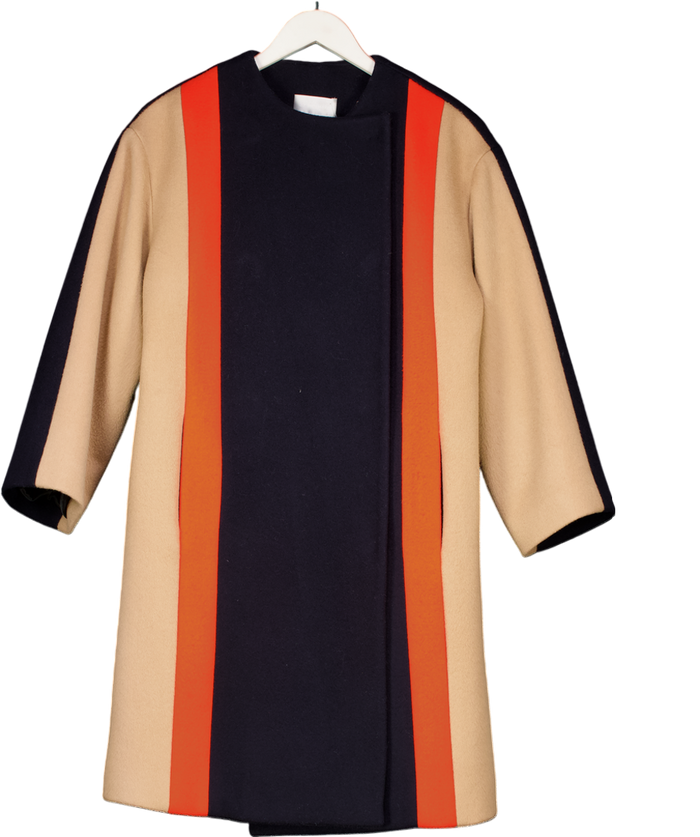 32 DICEMBRE Navy Blue Wool Blend Coat With Orange And Camel Details UK 6