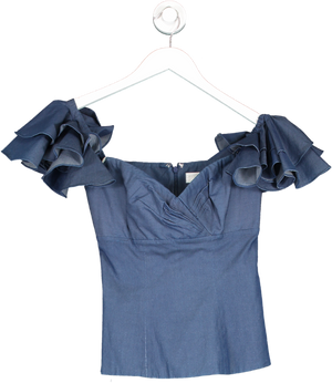 Caroline Constas Blue Denim Look Ruffle Sleeve Top UK XS