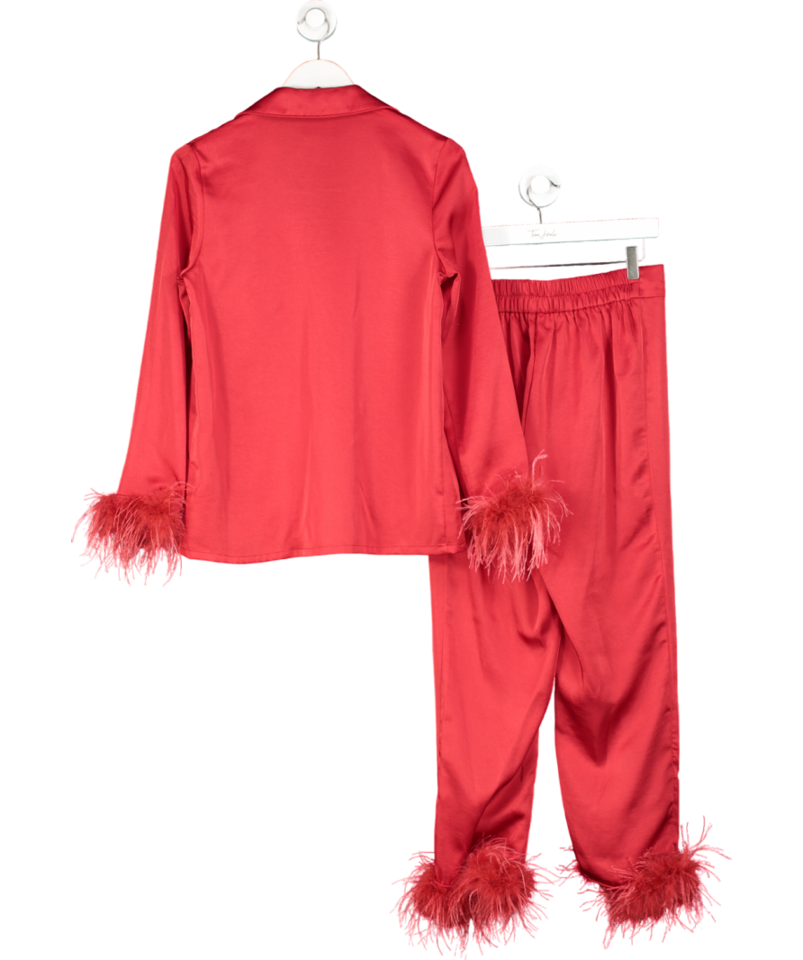 Nadine Merabi Red Satin Darcie Pyjama Set With Diamante Buttons And Feather Trim UK S