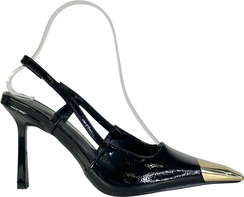 Black Patent Faux Leather Gold Capped Heels UK 4 EU 37 👠