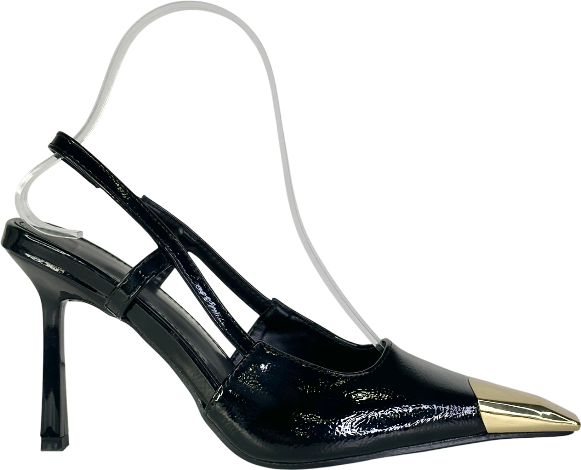 Black Patent Faux Leather Gold Capped Heels UK 4 EU 37 👠