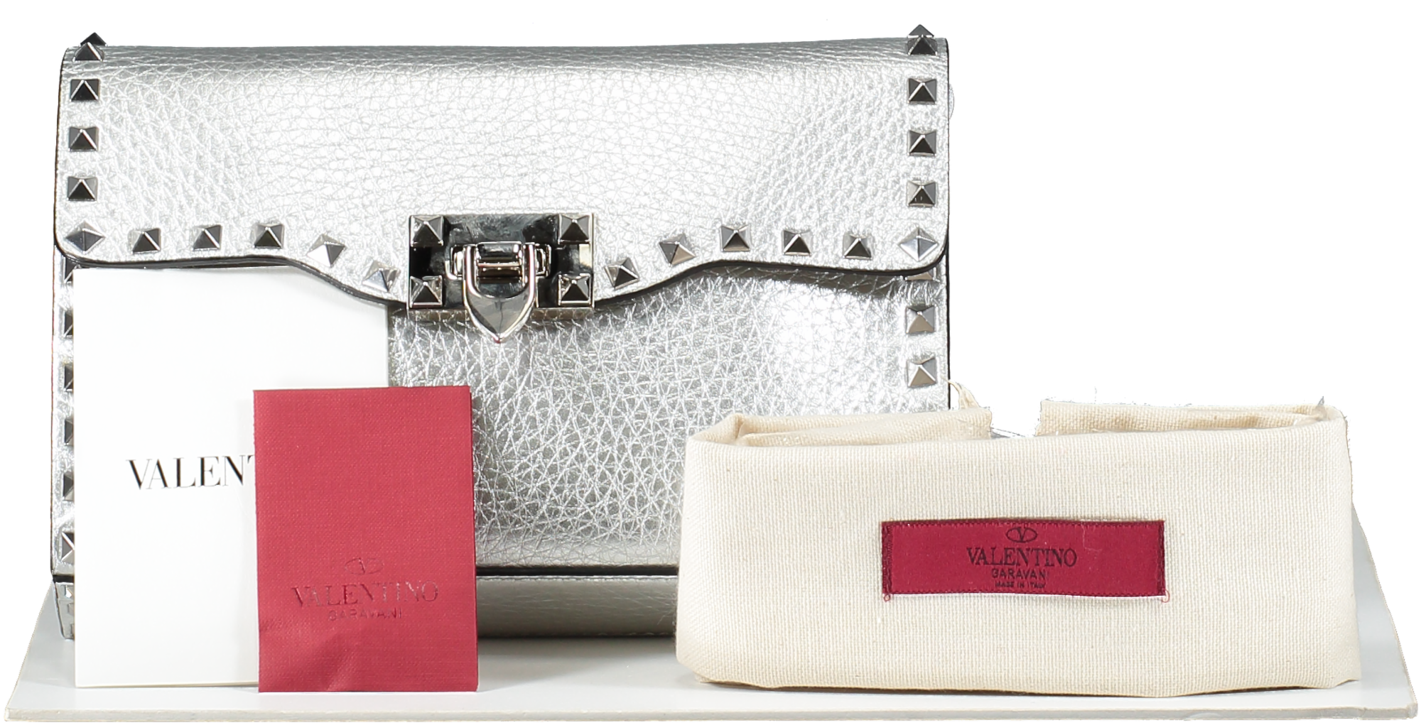 Valentino Garavani Metallic pebbled leather Rockstud Flip Lock Flap Bag Silver