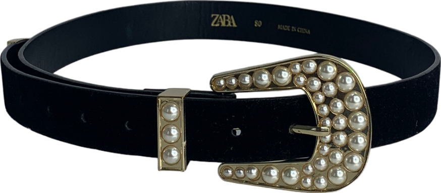 ZARA Black Velvet Belt With Pearl Trim UK 14