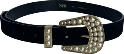 ZARA Black Velvet Belt With Pearl Trim UK 14