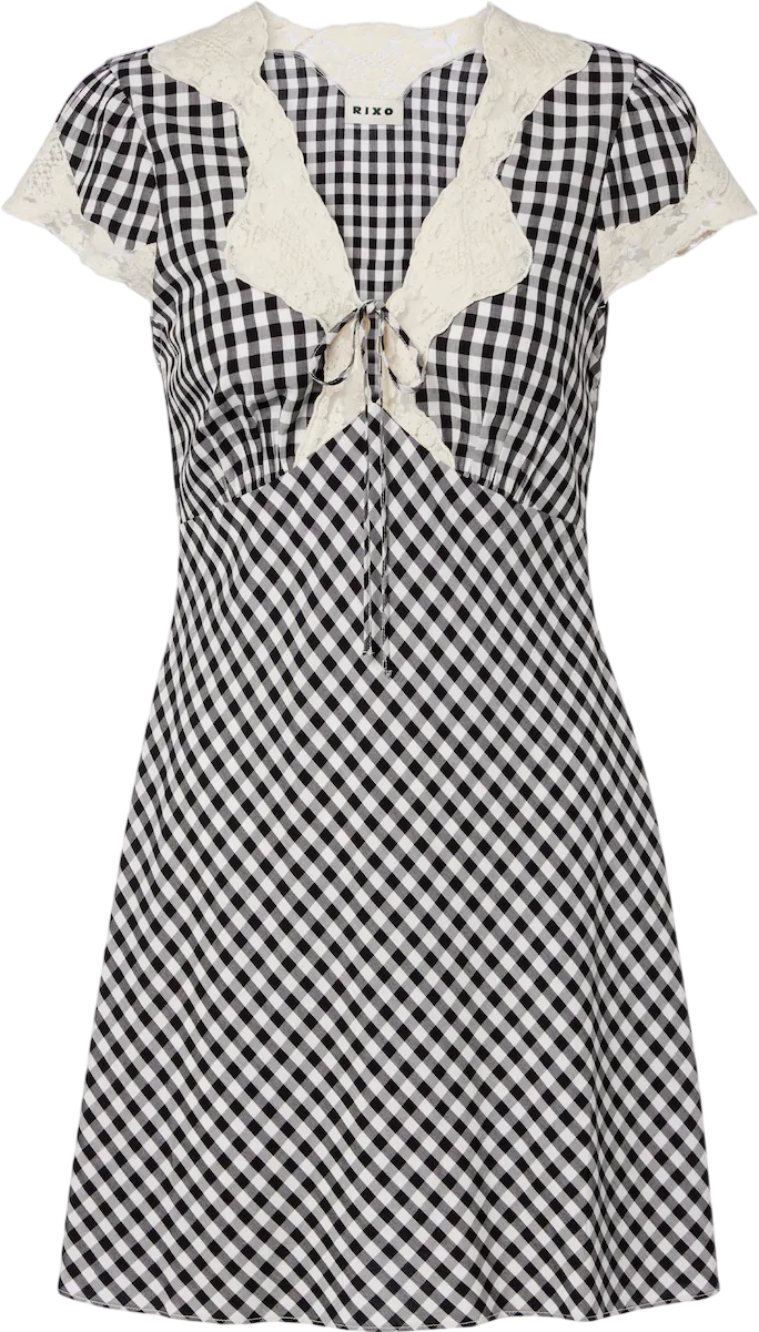RIXO Black / Ivory Lacie Lace-trimmed Checked Crêpe Minidress UK 10