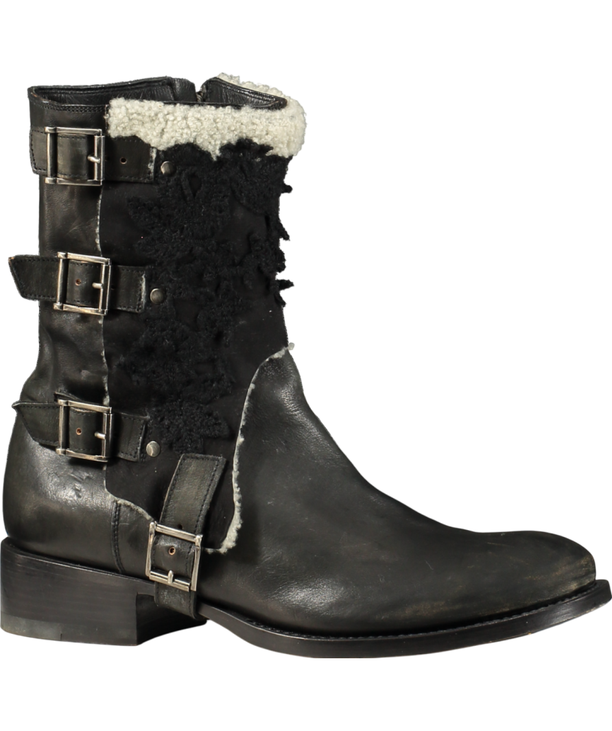 ERMANO SCERVINO Black Distressed Leather And Lace Biker Boots UK 6 EU 39 👠