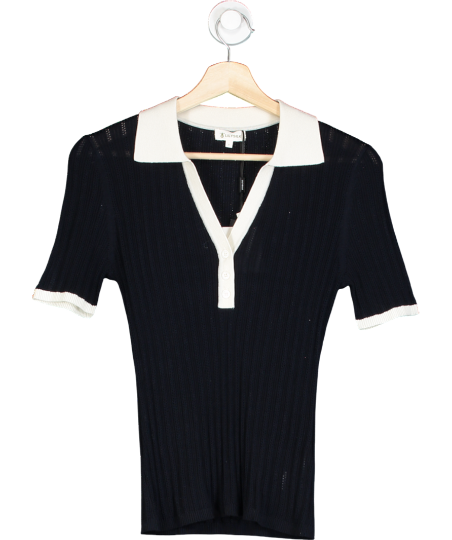 LilySilk Blue V Neck Ribbed Silk Knit Top UK S