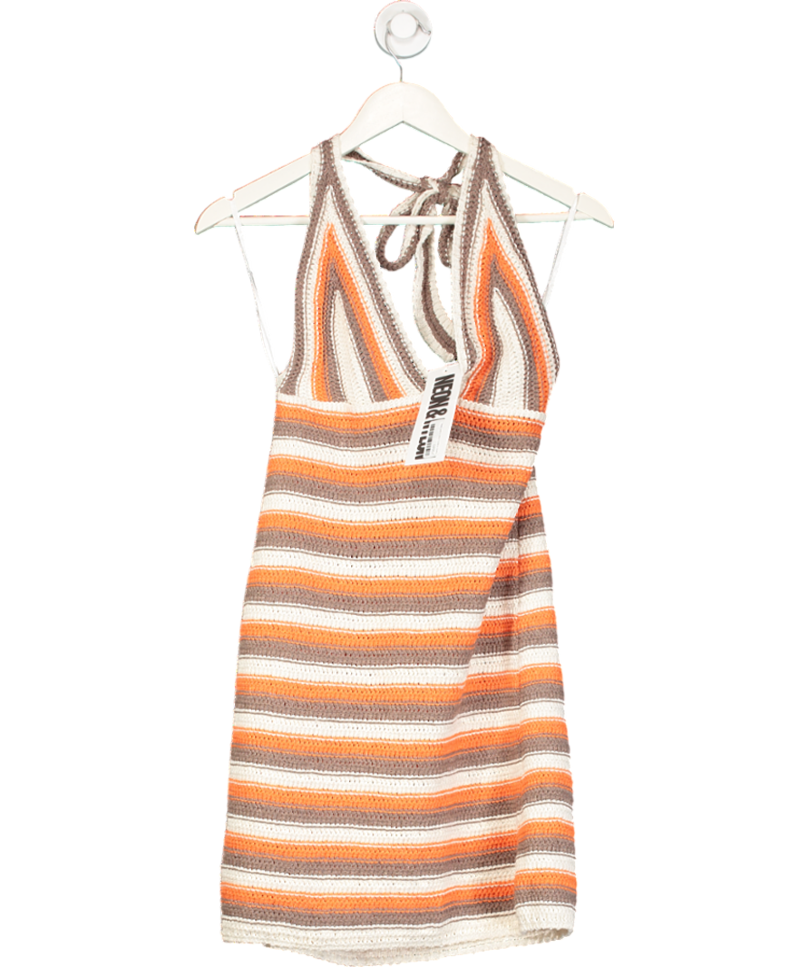Multicoloured Neon & Nylon Crochet Halterneck Mini Dress In Orange Stripe UK 10