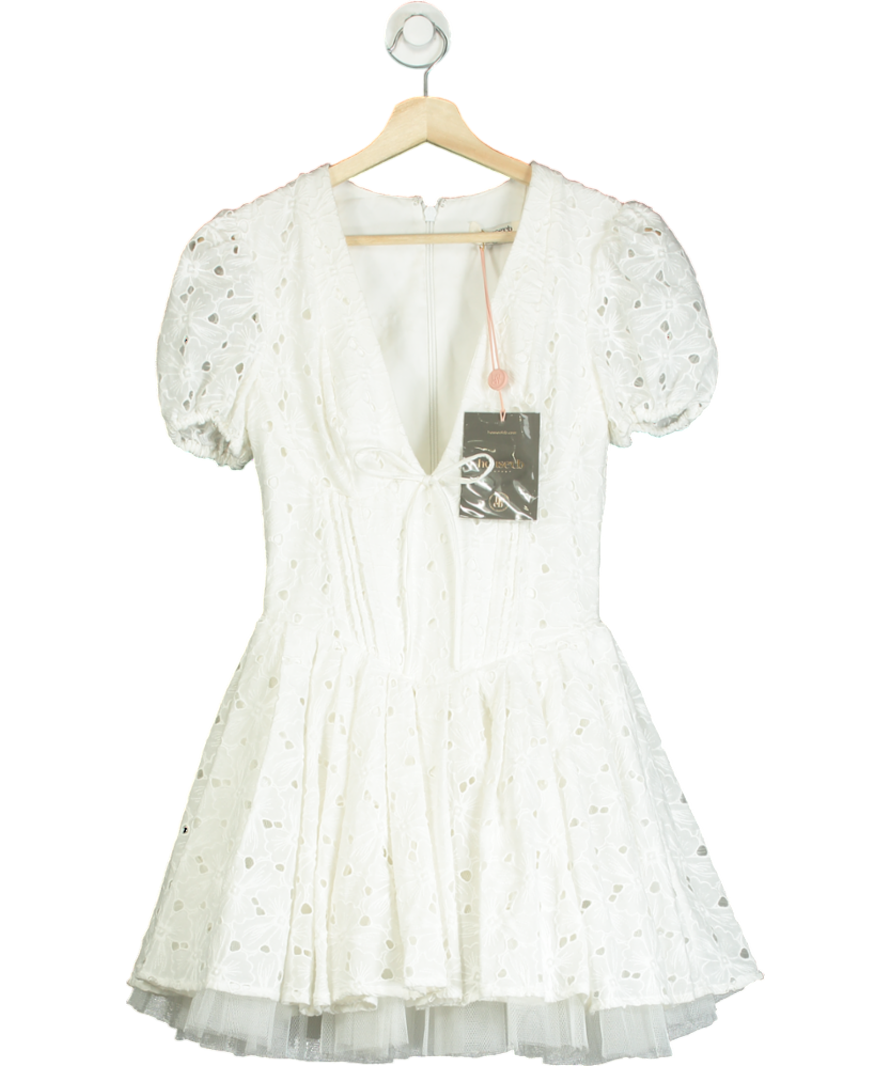 House of CB White Pleated Broderie Anglais Mini Dress UK S