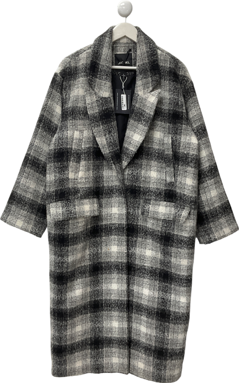 Monki Long Oversized Double-breasted Black And White Checkered Trench Coat UK M