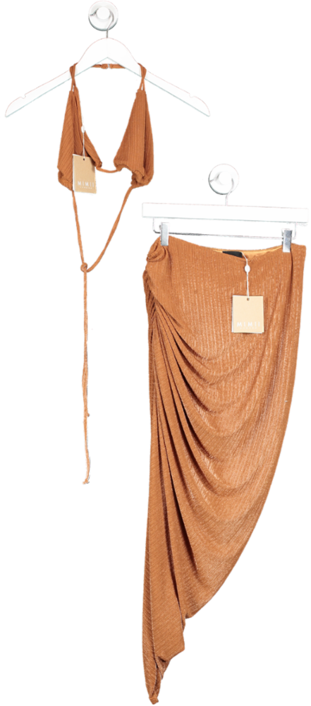 Mimii London Brown Textured Ruched Side Midi Skirt With Matching Bralette Top UK S
