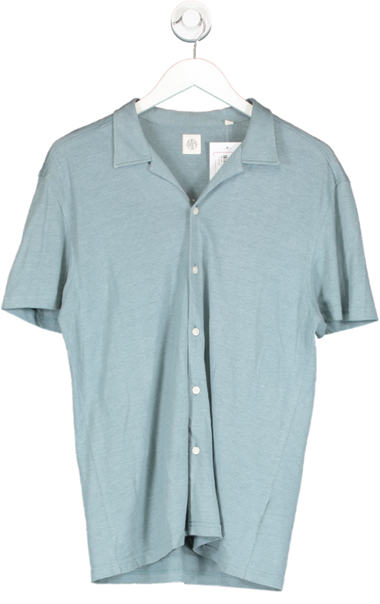 Moss Bros Blue Linen Cotton Blend Button Down Shirt UK M