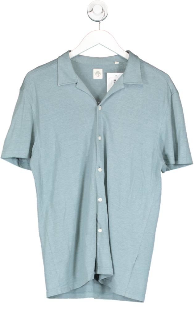 Moss Bros Blue Linen Cotton Blend Button Down Shirt UK M