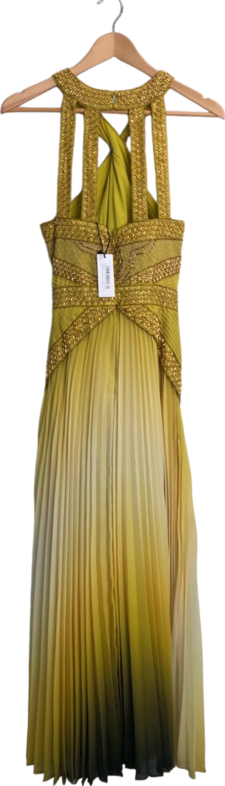 Karen Millen Gold Geo Embellished Ombre Pleated Woven Maxi Dress UK 8