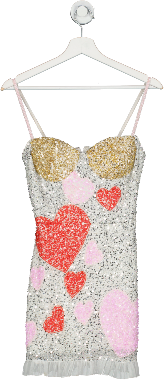 Lace & Beads White Contrast Heart Embellished Mini Dress UK S