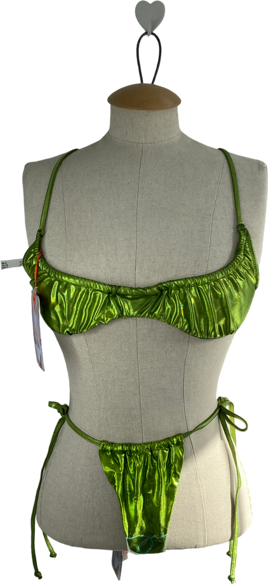 jaded Green Metallic Crop Ruched Cup Bikini Top And V Front Bottoms UK 8