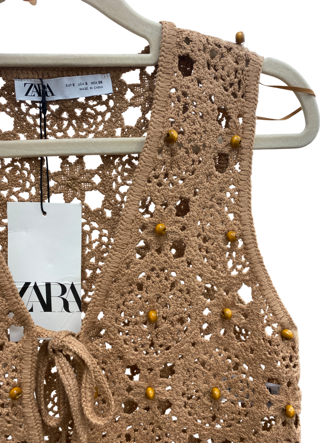 ZARA Beige Beaded Crochet Waistcoat UK S