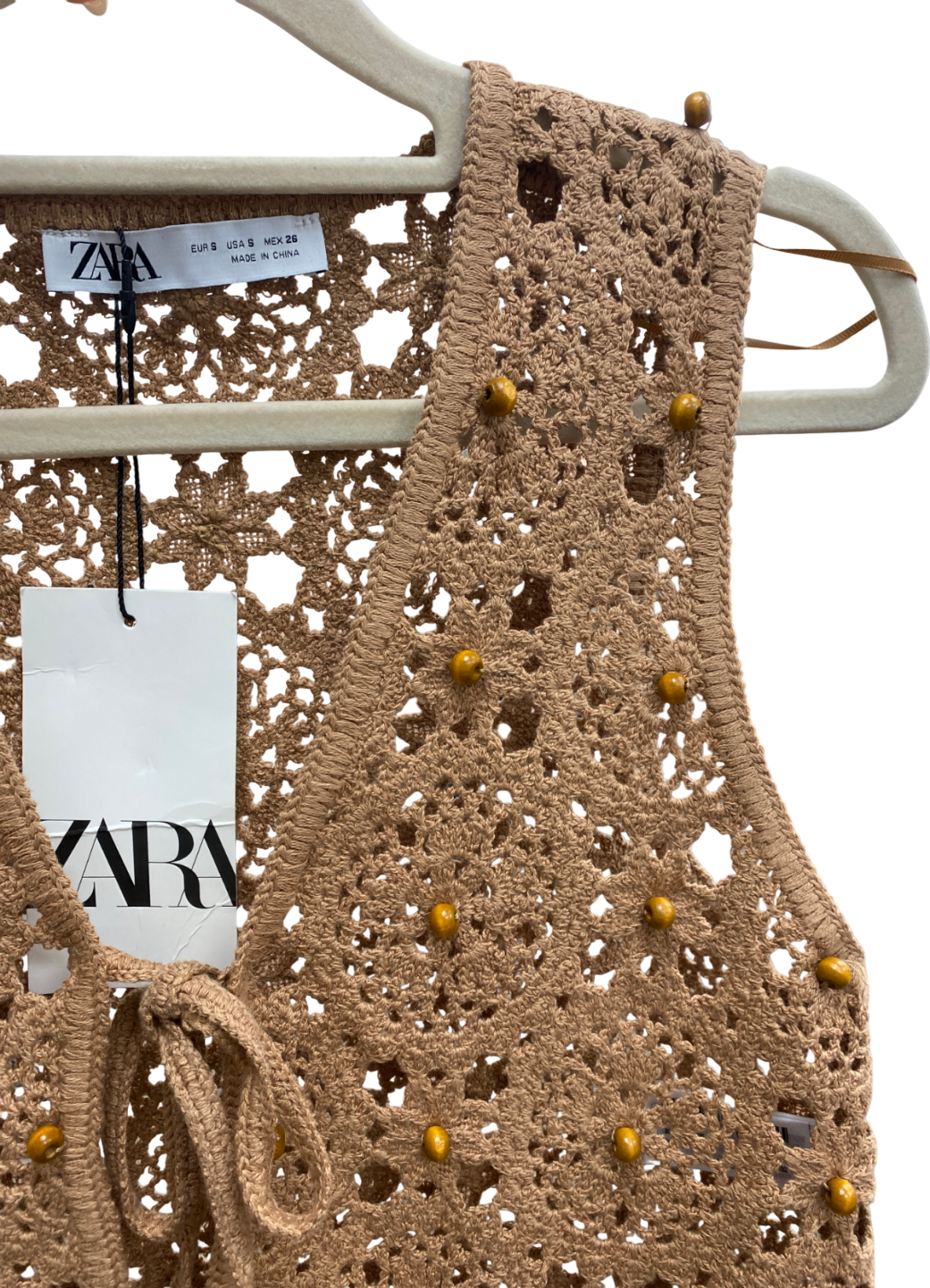 ZARA Beige Beaded Crochet Waistcoat UK S