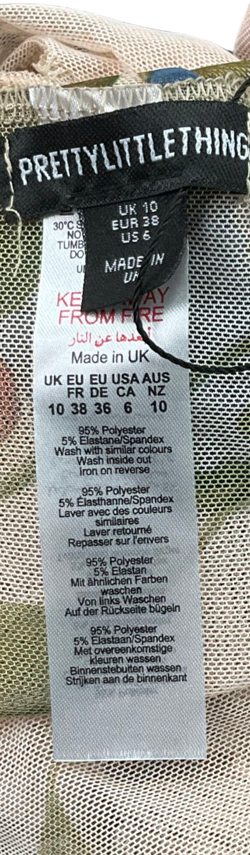 PrettyLittleThing Beige Cream Vintage Floral Mesh Mini Beach Sarong UK 10