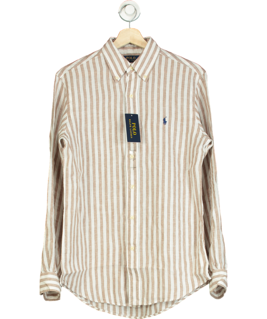 Polo Ralph Lauren Beige/Ivory 100% Linen Logo Embroidered Striped Shirt UK S