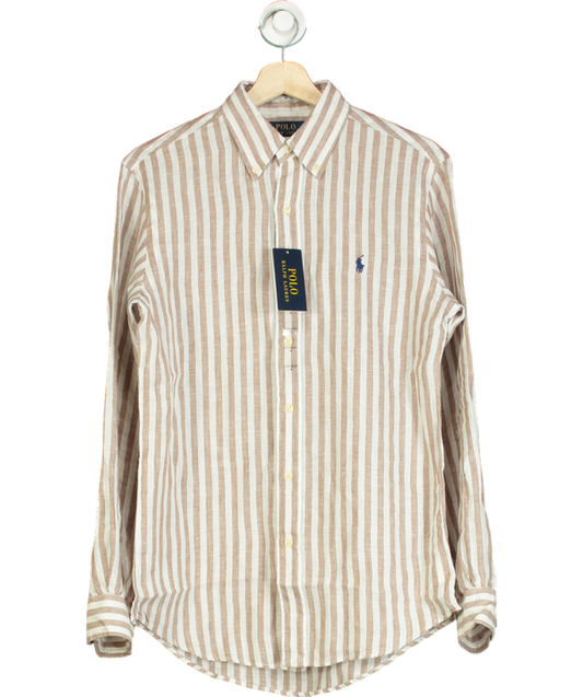 Polo Ralph Lauren Beige/Ivory 100% Linen Logo Embroidered Striped Shirt UK S