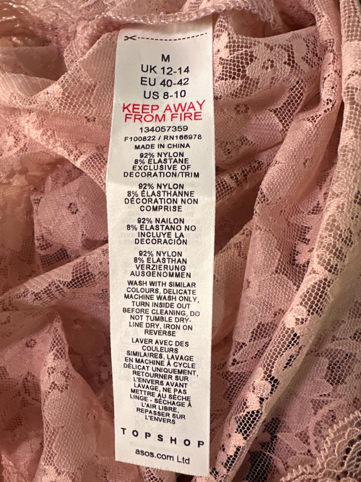 TopShop Pink Lace Short Sleeve T-Shirt UK M