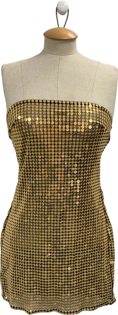 PrettyLittleThing Gold Sequin Bandeau Bodycon Dress UK 8