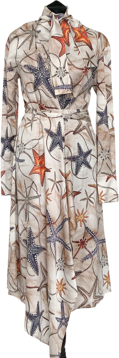 AQUA & ROCK Beige Stella Marine Silk Printed Wrap Dress UK XL