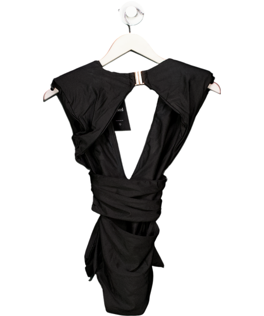 Karen Millen Black Wet Look Power Shoulder Plunge Detail Swimsuit UK XS