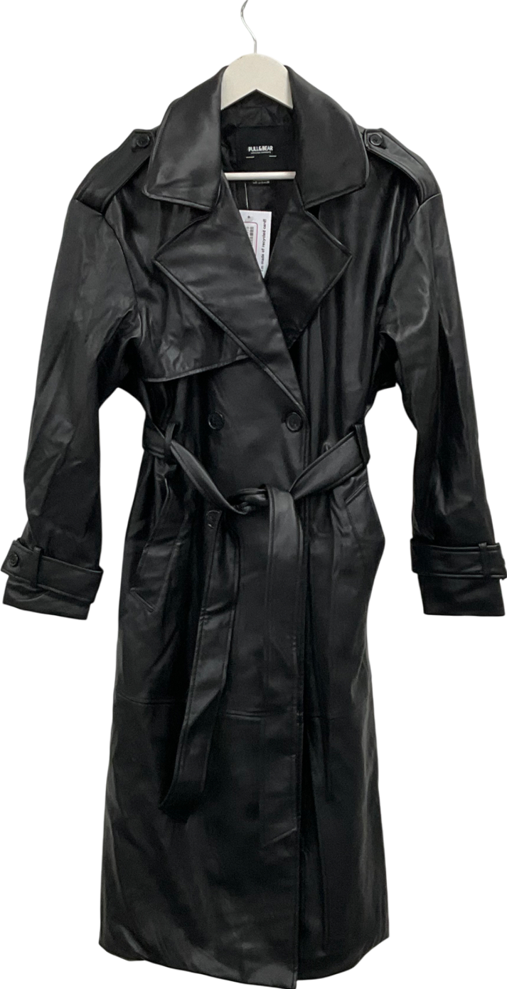 Pull&Bear Black Belted Faux Leather Trench Coat UK S