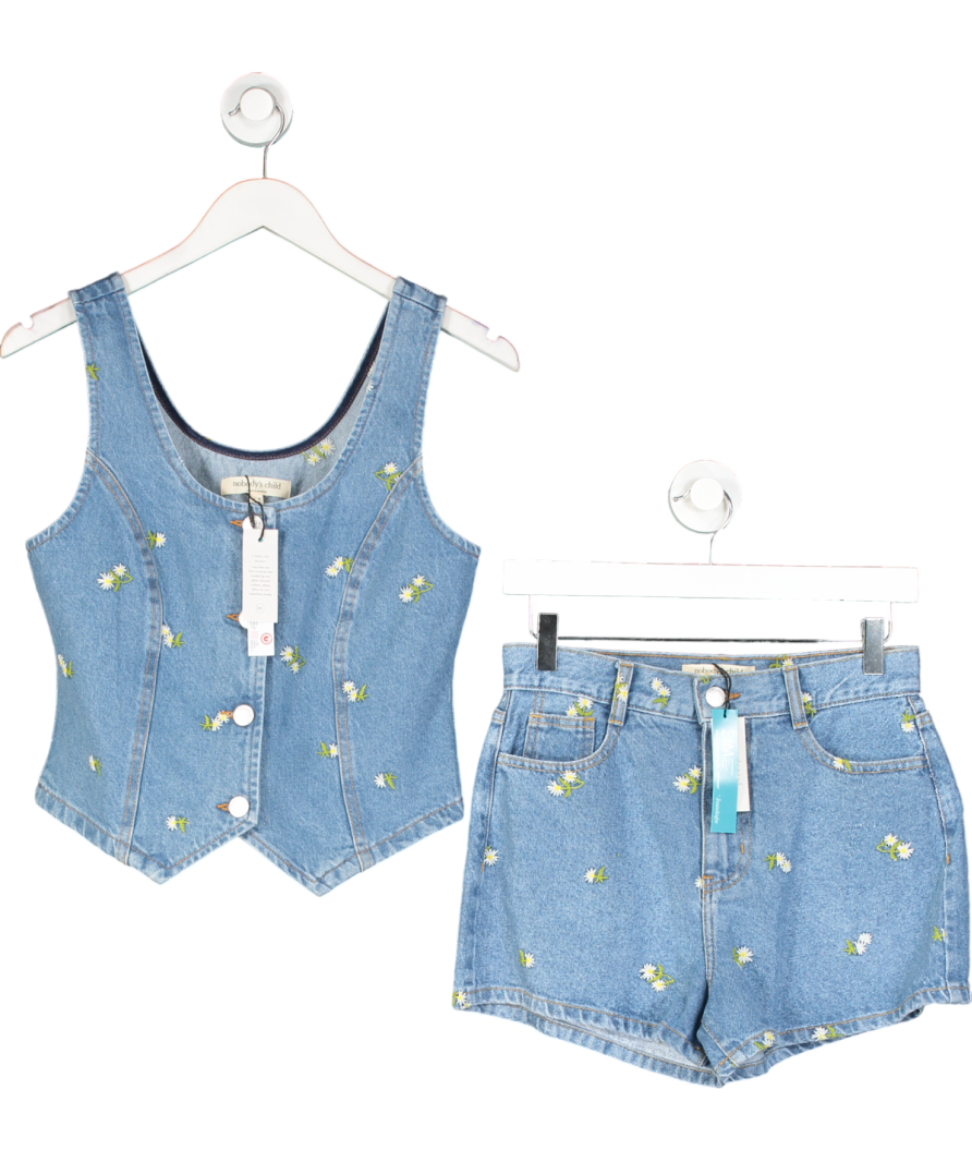 Nobody's Child Blue Denim Daisy Embroidered Waistcoat And Shorts UK 8