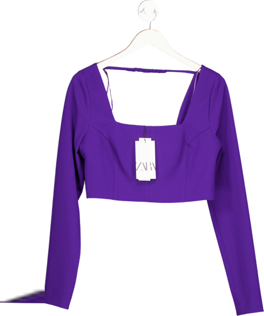 ZARA Purple Square Neck Long Sleeve Crepe Crop Top UK L