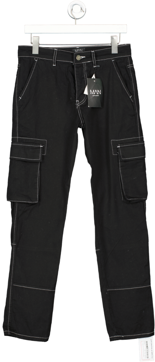 boohooMan Black Straight Leg Contrast Stitch Cargo Trouser W30