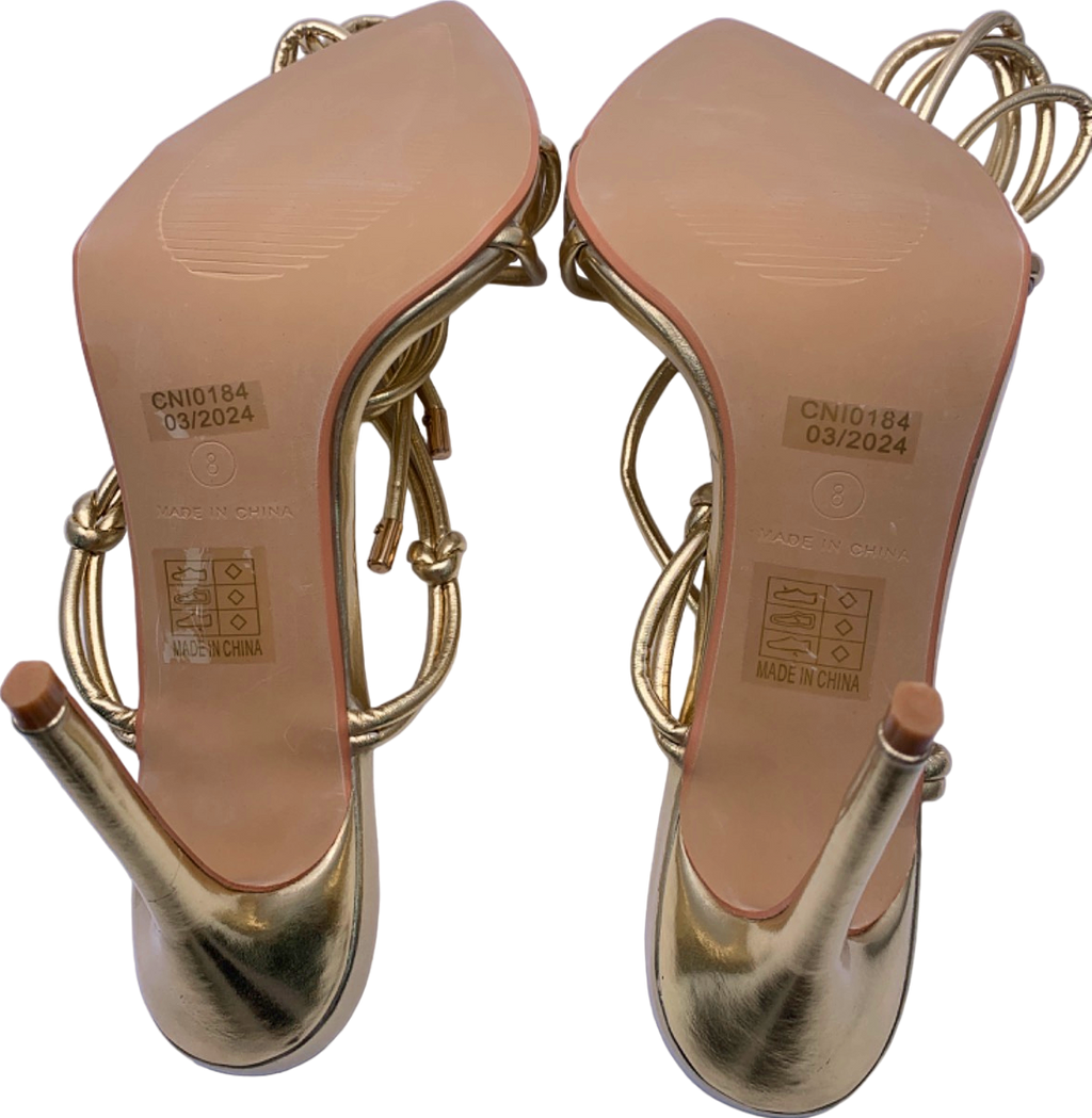 PrettyLittleThing Gold Metallic Strappy Lace Up Heeled Sandals UK 5