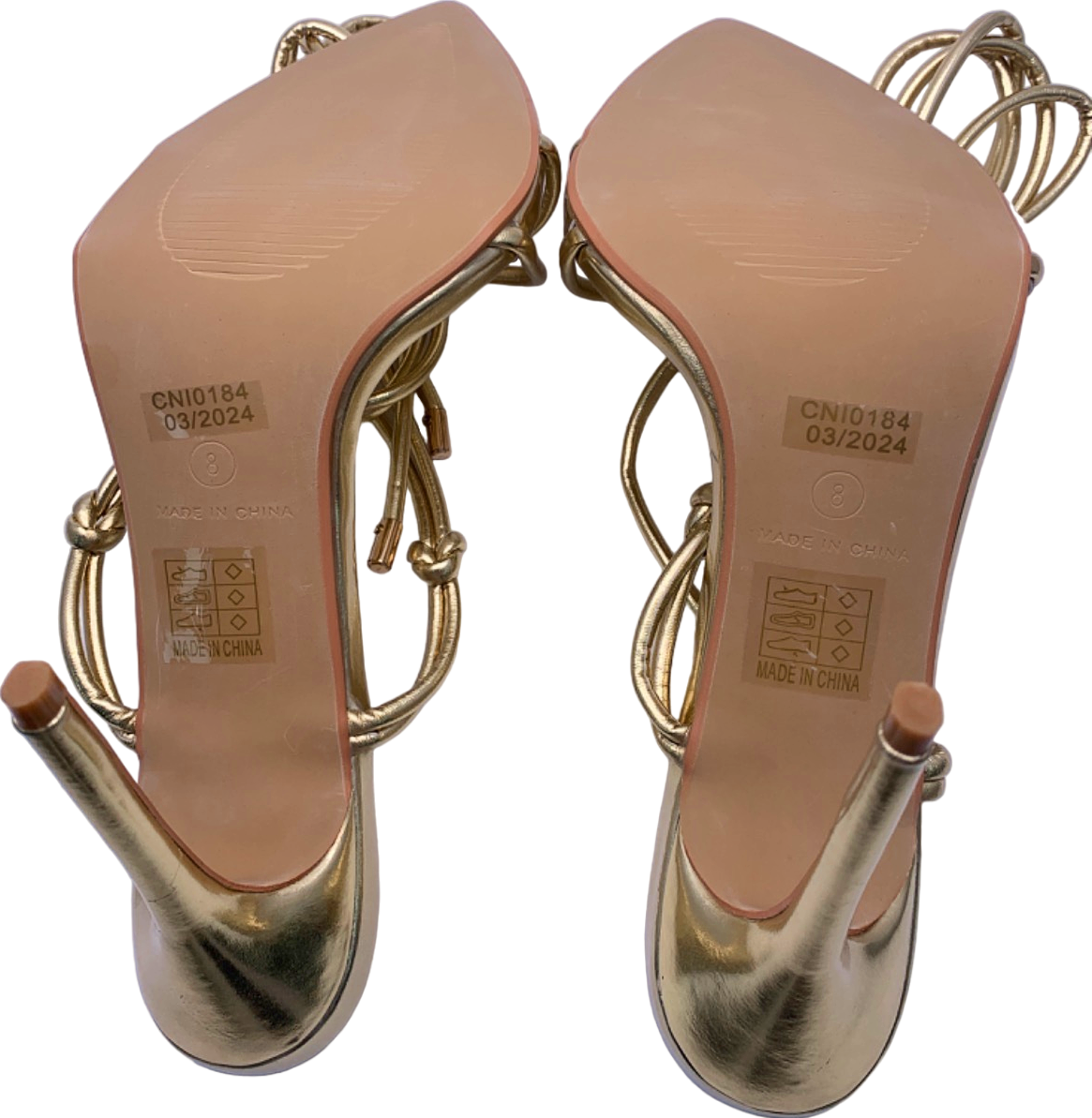 PrettyLittleThing Gold Metallic Strappy Lace Up Heeled Sandals UK 5