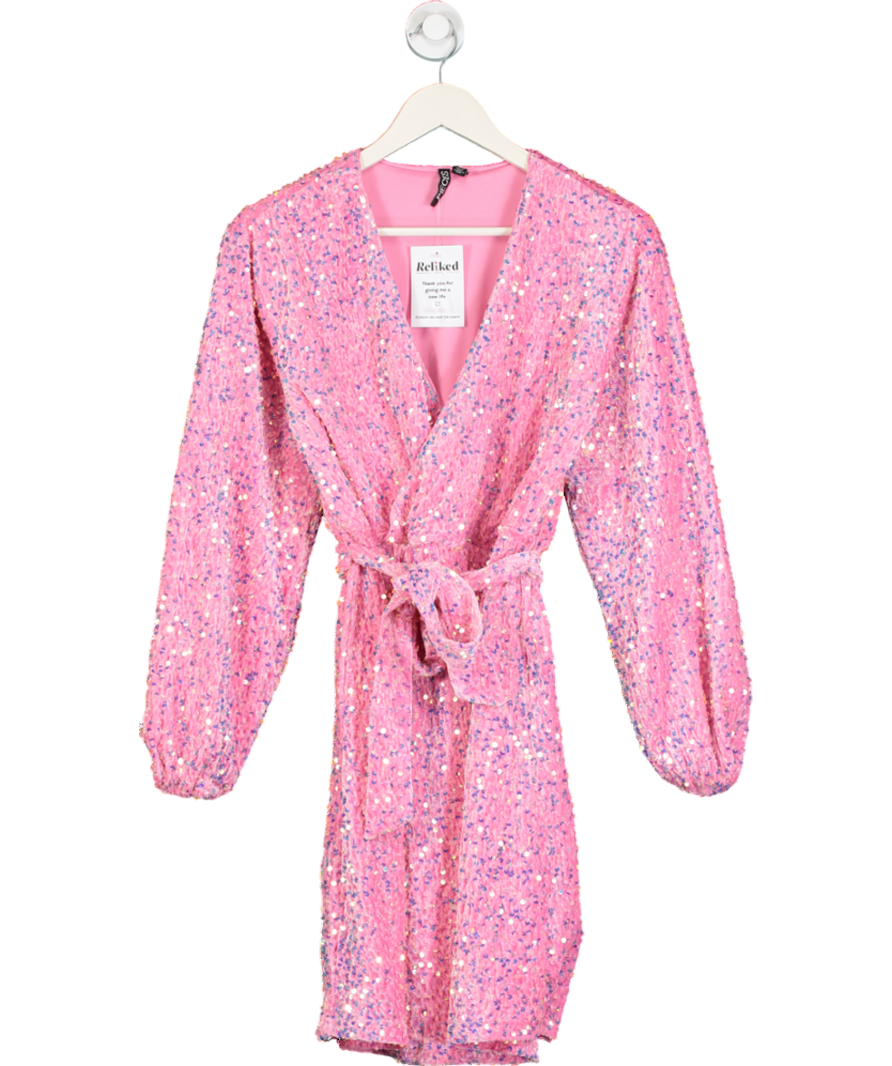 Pieces Pink Sequin Belted Wrap Mini Dress UK XS