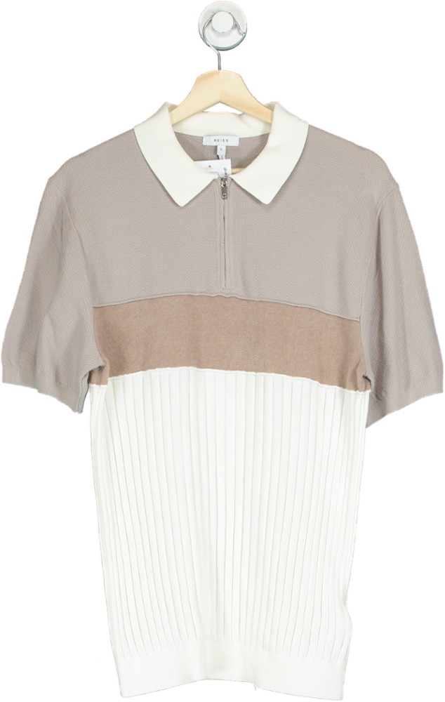 Reiss Beige and White Collared Zip Knit Top UK L