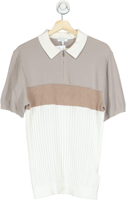 Reiss Beige and White Collared Zip Knit Top UK L