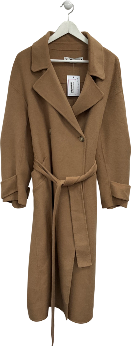 ZARA Beige Belted Wool Blend Coat UK L