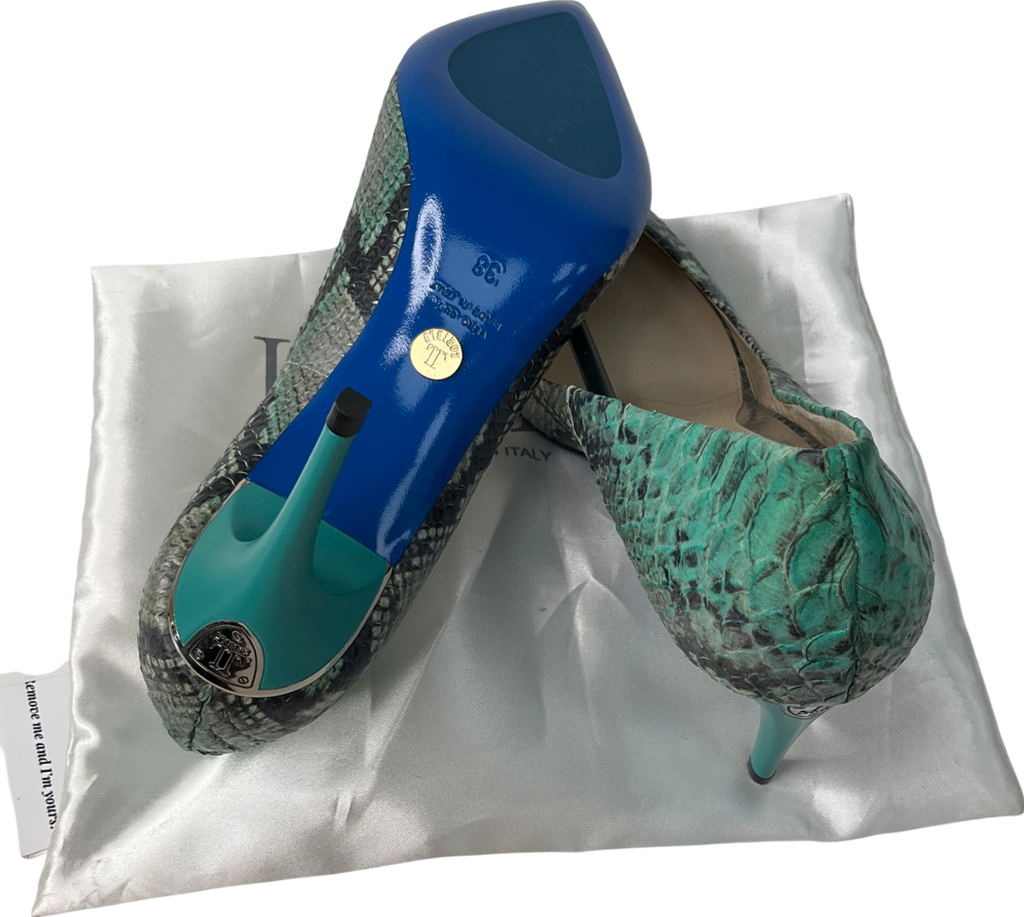 loriblu Green Turquoise Shades Snake Patten Calfskin Pointed Sling Back Heels UK 5 EU 38 👠